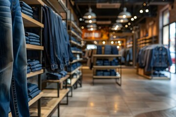 Wall Mural - Contemporary Clothing Store Interior Showcasing Casual Denim Jeans and Apparel. Concept Casual Denim Jeans Display, Stylish Store Interior, Contemporary Apparel Collection