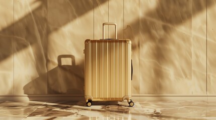 Poster - Golden suitcase stands against a textured wall with shadow patterns from sunlight.