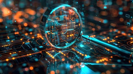Poster - A magnifying glass is used to look at a computer chip