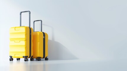 Wall Mural - Two bright yellow suitcases with extended handles on a white background, suggesting travel or vacation.