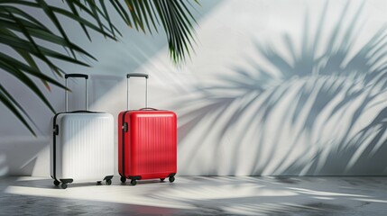 Poster - Two suitcases, one white and one red, stand in a sunlit room with palm shadows on the wall.