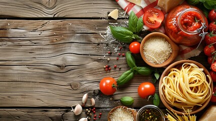 Wall Mural - Italian cooking ingredients spread on wooden table with pasta, tomatoes, and cheese.