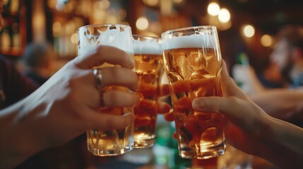 Wall Mural - Close-up of hands toasting with beer mugs in a vibrant pub setting.