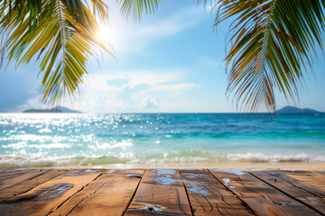 Wall Mural - Empty wooden table with a tropical beach background to showcase your products. summer vacation background