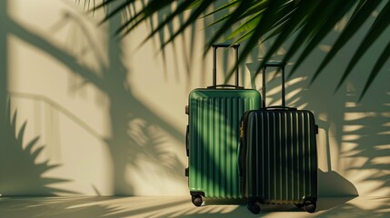 Poster - Two stylish suitcases bathed in dramatic palm shadow patterns on a sunny backdrop.