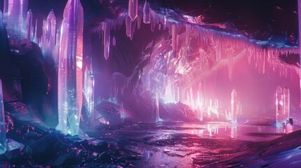 A fantasy scene with a pink and purple sky and a purple and blue cave