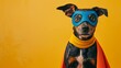 Adorable dog dressed as a superhero with a blue mask and red cape against a yellow background.