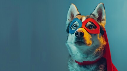 Sticker - A dog in a superhero costume with a colorful mask and red cape against a blue background.