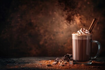 Cup of hot chocolate with cinnamon stick on dark background with copy space