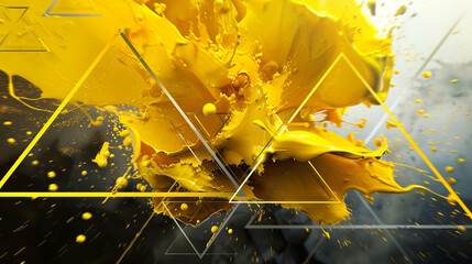 Wall Mural - Chaotic yet harmonious composition of yellow paint exploding from triangular prism facets against a triangular background.