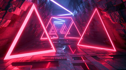 Wall Mural - Crimson neon triangles dance in a futuristic 3D landscape