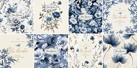 Wall Mural - Floral print. Vector vintage illustration of blue color flowers, leaves, frame, pattern for background, invitation or background