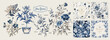 Floral print. Vector vintage illustration of blue color flowers, leaves, frame, pattern for background, invitation or background