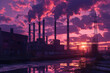 An industrial complex at sunrise, with smokestacks emitting white smoke against a sky painted in shades of orange and pink. 