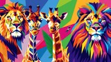 Fototapeta Dziecięca - Safari park wildlife WPAP illustration design with lion and giraffes, colorful mosaic design.