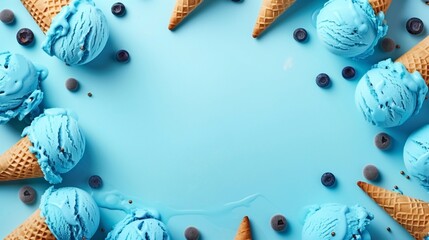 Wall Mural - Blue ice cream scoops in waffle cones with scattered blueberries on a blue background