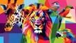 © Khoirul - Safari park wildlife WPAP illustration design with Lion giraffe and bird, colorful mosaic design.