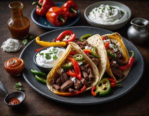 Wall Mural - A plate of savory beef fajitas served with grilled peppers and onions, sour cream, and salsa.
