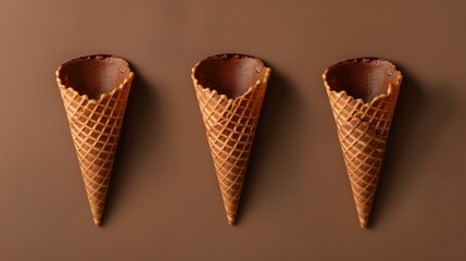 Poster - Three empty chocolate-coated waffle cones on a brown background