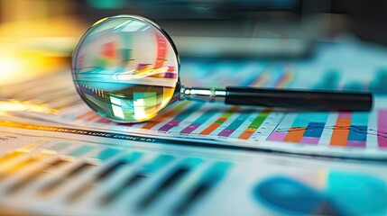 Poster - A magnifying glass is on top of a stack of colorful graphs