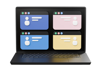 Poster - 3d Group of people on a laptop screen icon isolated on white background. Video conference, Study online, Online Meeting, Virtual Conference Video call, Briefing, Teamwork concept. 3d render.