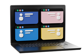 Poster - 3d Group of people on a laptop screen icon isolated on white background. Video conference, Study online, Online Meeting, Virtual Conference Video call, Briefing, Teamwork concept. 3d render.