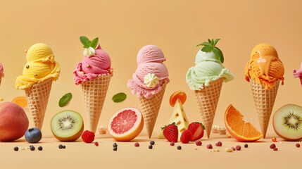 Poster - Colorful ice cream cones with fresh fruits and berries on a warm background