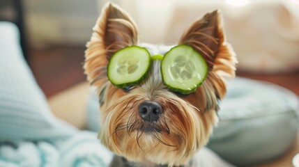 Close-up of a Yorkie dog wearing cucumber slices as goggles, sitting indoors.