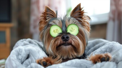 Sticker - Close-up of a Yorkshire Terrier wearing cucumber slices on eyes, resting on a blanket.