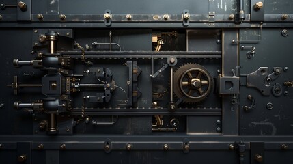 Wall Mural - Complex dark metal vault mechanism with various gears, levers, and bolts in a highly detailed setup.