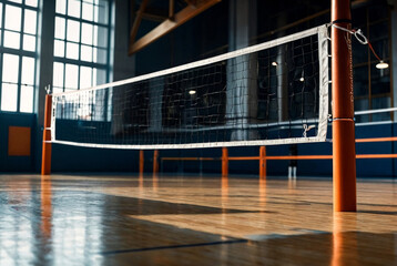 Sports Image of volleyball net in an old empty sports hall with referee tower. Background for team volleyball game. Concept of getting sport, healthy lifestyle and team success. Copy space