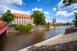 Wroclaw cityscape at summer sunny day. Landscape near the river.
