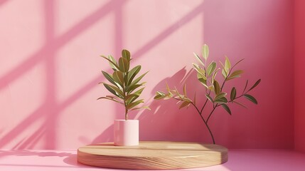 Wall Mural - Abstract minimal scene with geometric wood podium on pink background