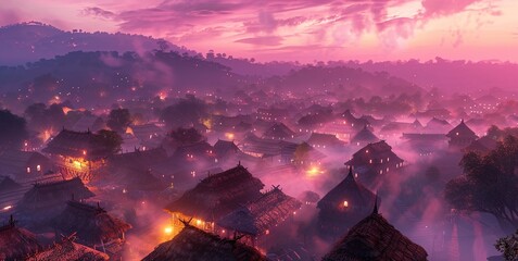 Sticker - An old-world village at dawn, thatched roofs bathed in neon pink and gold light, with fractal patterns in the morning mist