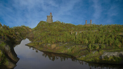 Poster - Medieval landscape with a castle on a hill surrounded by forest and a lake in the foreground. 3D rendered illustration.