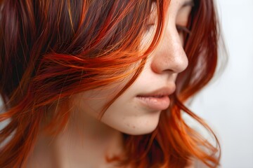 Wall Mural - Portrait of a woman with balayage highlights on a white background. Concept Portrait Photography, Balayage Highlights, White Background, Model Portraits, Hairstyle Trends