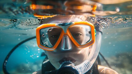 Sticker - Close-up view of a young scuba diver submerged in water wearing an orange mask.