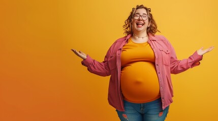 Canvas Print - Cheerful plus-size woman with glasses in colorful outfit on orange background, spreading arms.