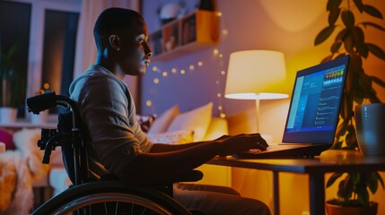 Wall Mural - Young man in a wheelchair working on a laptop in a cozy, warmly lit room at night.