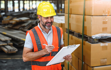 worker with a hard hat checking stock in the warehouse created with Generative AI technology