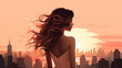 Elegant woman showing her back with long hair and sunset illustration. Glorious american woman