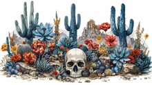 Collection Of Wild West Elements. Includes Cactus, Skull, Desert Landscape, Western Animals, Symbols, Suitable For Logo Design. Editable Modern Illustration.