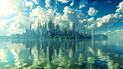 Wall Mural - a city skyline is reflected in the water. the sky is cloudy and the water is calm. the city is surro