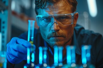 Poster - a focused male scientist conducts an experiment with blue liquid in a laboratory, highlighting metic