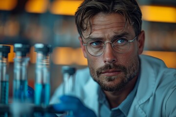 Poster - A male researcher with glasses is focused on checking test tubes in a laboratory setting indicating concentration