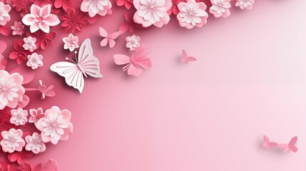 Wall Mural - Pink Floral Background to Celebrate International Woman's Day. Elegant Paper Cut Design with Number 8, Butterflies and copy-space.