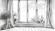 Continually drawn window with curtains and table with houseplant isolated on white. Monochrome modern illustration.