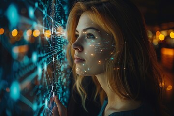 Poster - A person engages with a glowing, futuristic digital interface with complex connections and data points