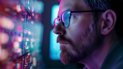 Wall Mural - Close-up of a bearded man in glasses intensely gazing at glowing screens in a dark room.