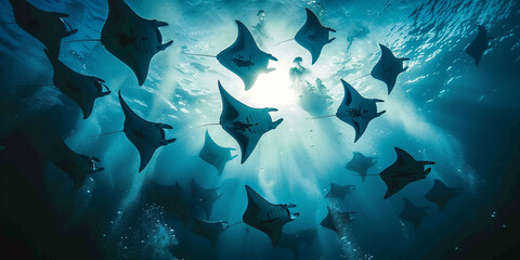 underwater photography of manta ray group migration swimming under the deep blue ocean. illuminated 